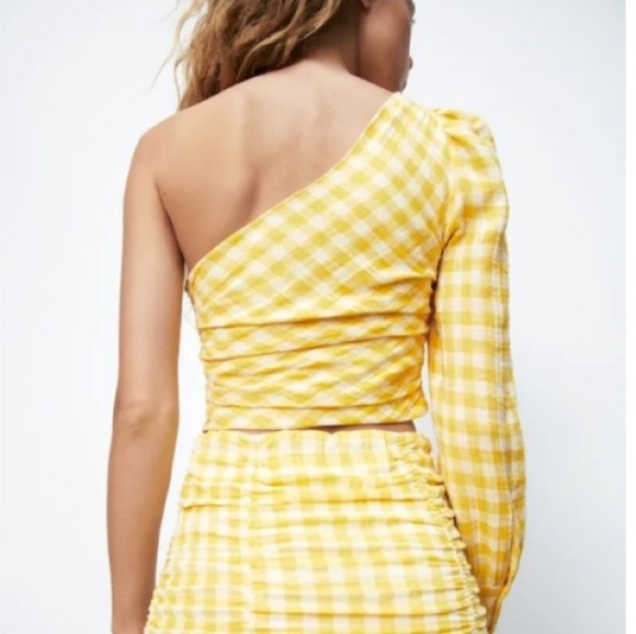 NWOT Zara Asymmetric Venus Yellow Gingham One Shoulder Crop Top M - Picture 11 of 12